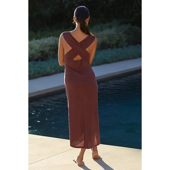 By Anthropologie Ruched V-Neck Midi Dress Cocoa XL - Picture 3 of 3